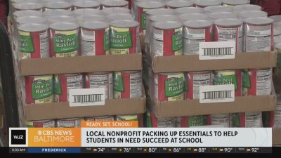 - Weekend Backpacks Baltimore Cases of mini beef ravioli with a news chyron saying: Local nonprofit packing up essentials to help students in need succeed at school.
